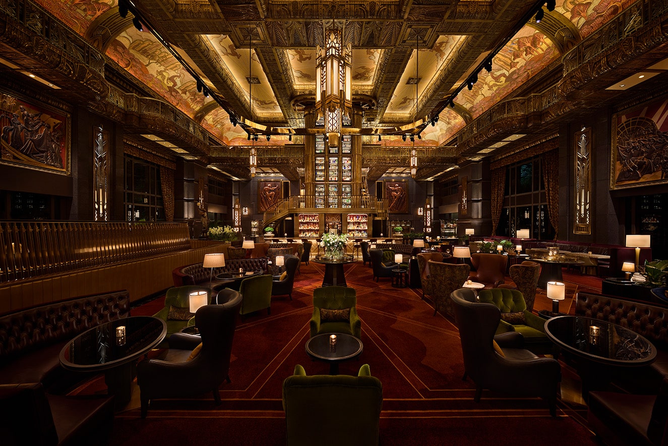 Interior of ATLAS Bar at Parkview Square Singapore featuring Art Deco architecture, high ceilings, gilded details, and luxurious velvet seating — one of Asia’s most iconic cocktail destinations.