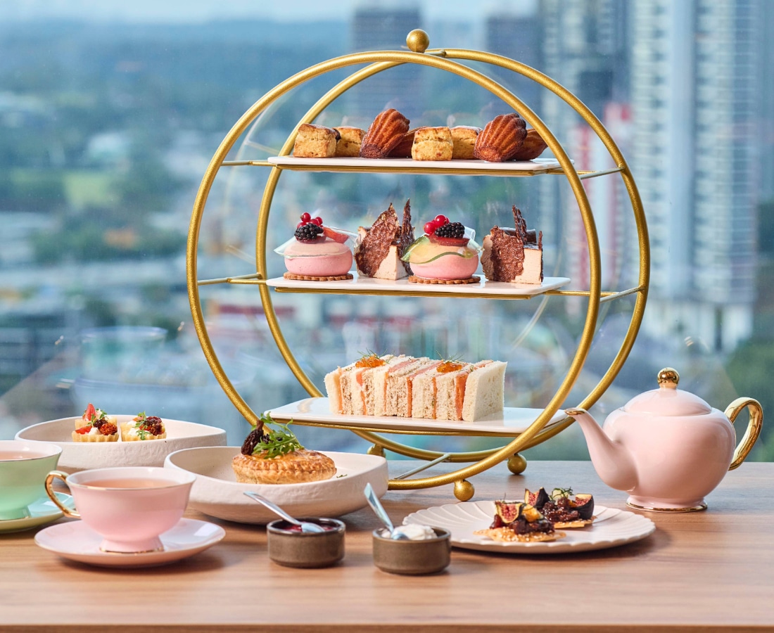 a photo of SKY22's high tea set. SKY22 is located in Courtyard by Marriott at Novena