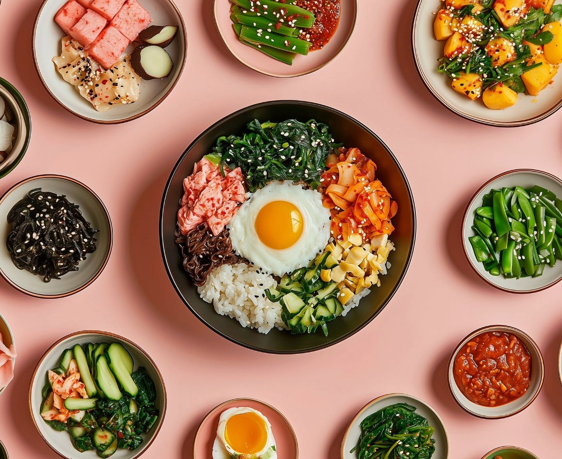 an image of a group shot of BiBimbap and Banchan at Korea Culture in Singapore