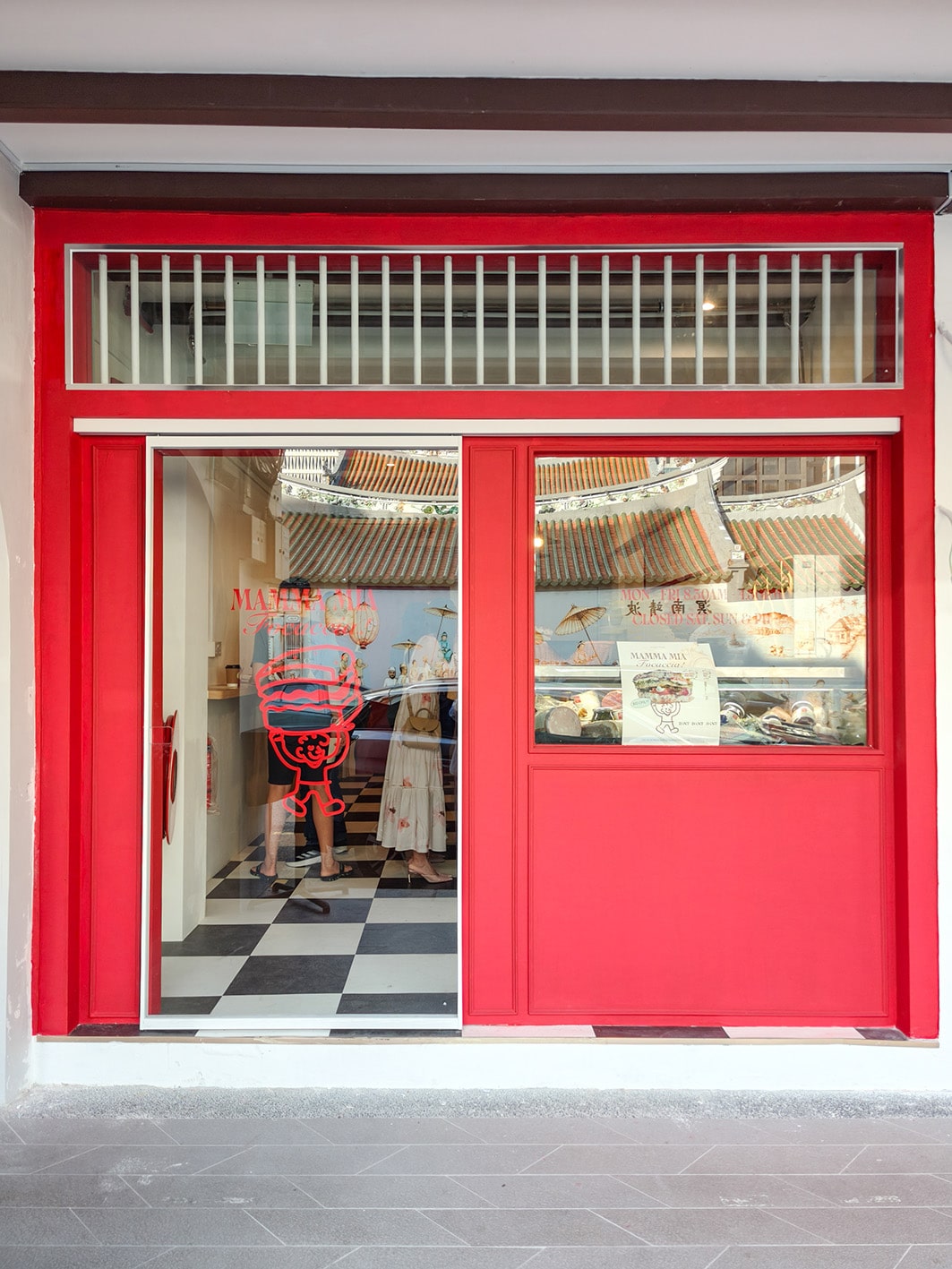 Red storefront of Mamma Mia Focaccia on Amoy Street, Singapore, home to artisanal stuffed focaccia and hidden speakeasy bar The Champagnery
