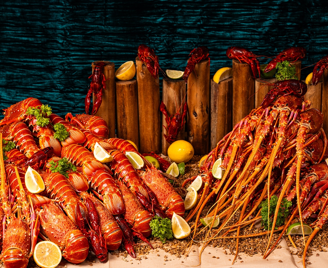 Lobster showcase from Lobstermania buffet at Food Exchange, Novotel Singapore on Stevens, featuring a vibrant display of whole lobsters and crayfish with citrus and herb garnishes.