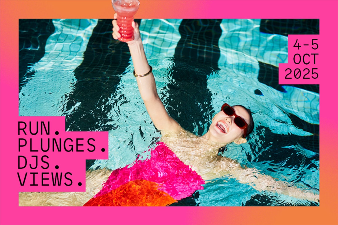 Woman floating in a pool with cocktail during QT Singapore’s F1 weekend event, featuring wellness sessions, DJs, and rooftop brunches.