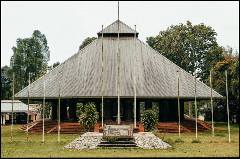 An old wooden building at the festival's venue.