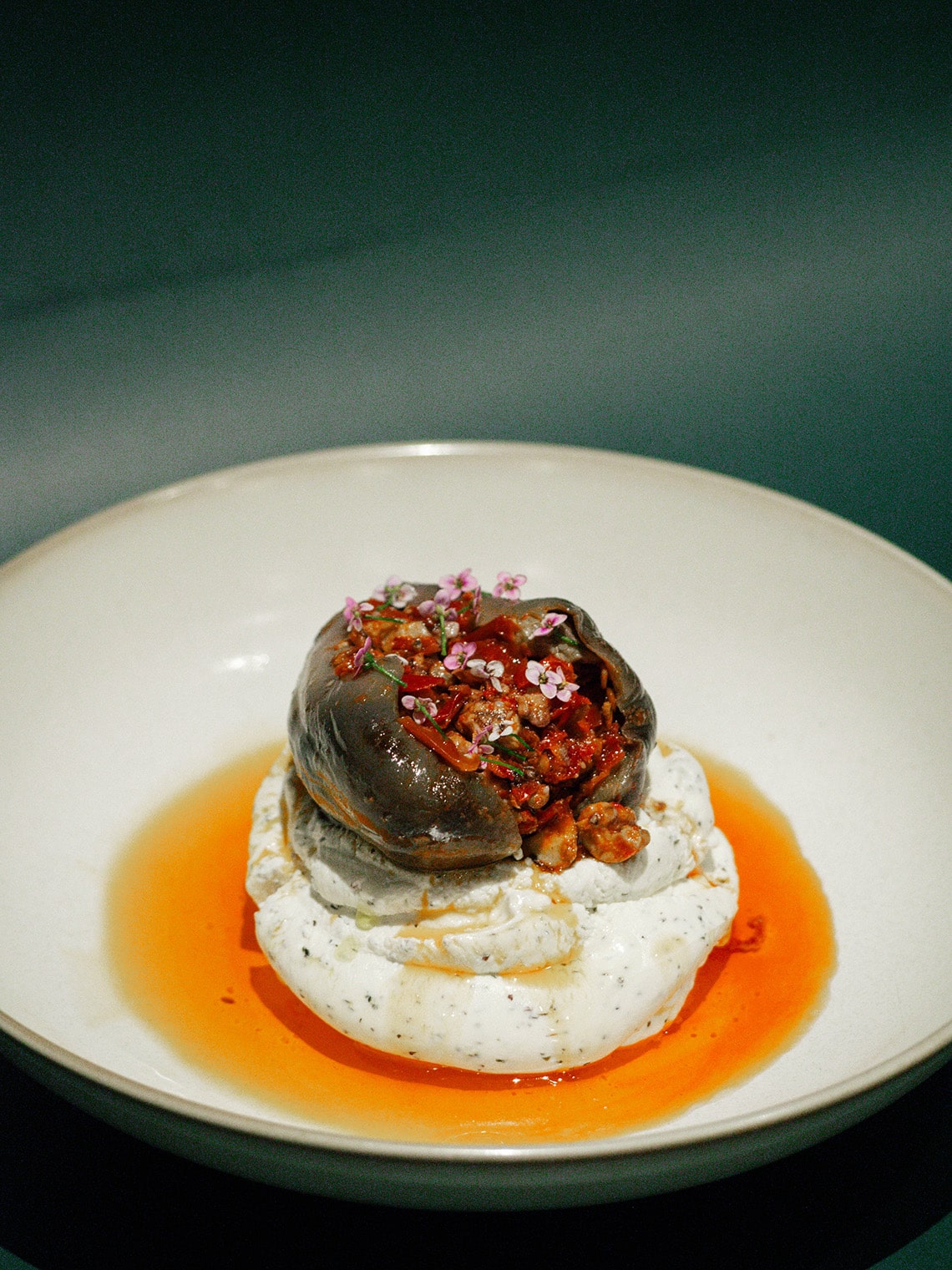 Labneh with Makdous at Ummi Lebanese, InterContinental Robertson Quay – topped with pickled eggplant and Mediterranean herbs.