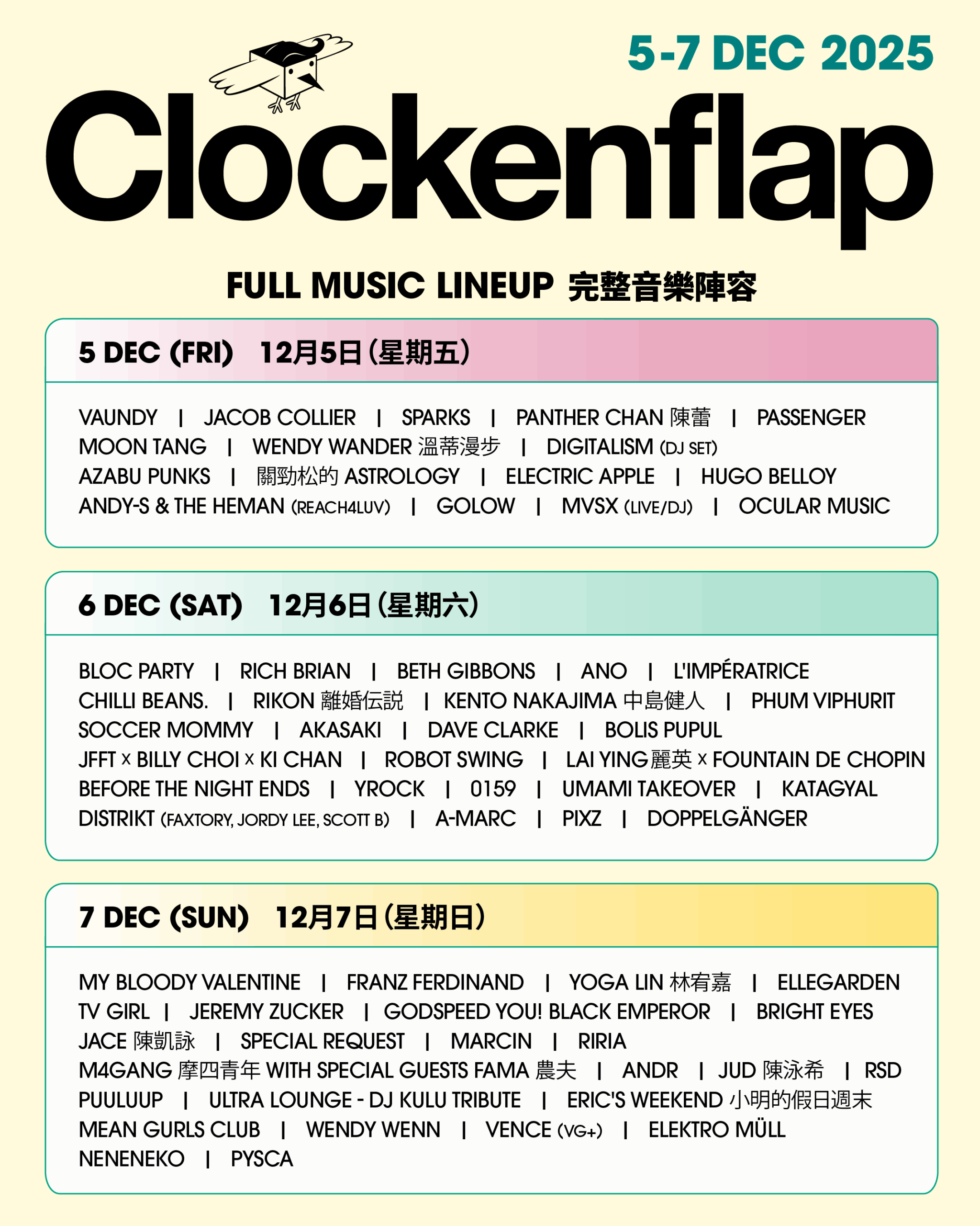 Full artist lineup for Clockenflap 2025 in Hong Kong, featuring Bloc Party, My Bloody Valentine, Vaundy, Beth Gibbons, and over 60 acts across 3 days.
