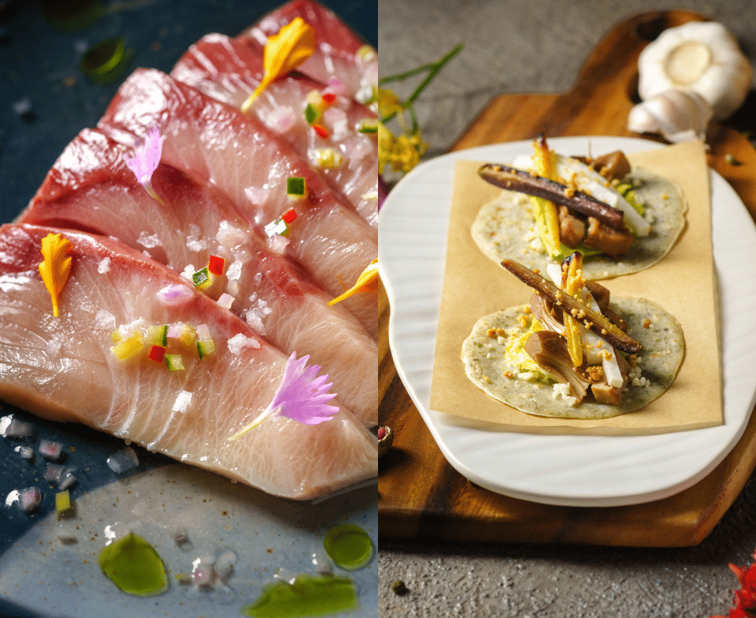 Kinilaw and Lumpia: Kinilaw with raw Hamachi and Lumpia with mung bean crepes at hayop.